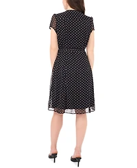 Msk Petite Dot-Print Split-Neck Short-Sleeve Dress