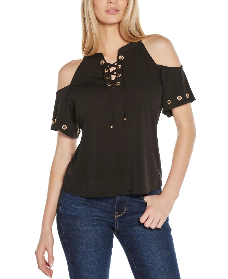 Belldini Women's Cold-Shoulder Grommet Trim Knit Top