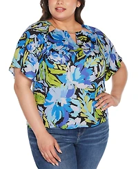 Belldini Black Label Plus Abstract Floral Cutout Detail Top