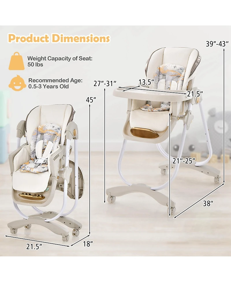 Costway Toddler High Chair with Wheel Folding Dining Adjustable Height & Recline