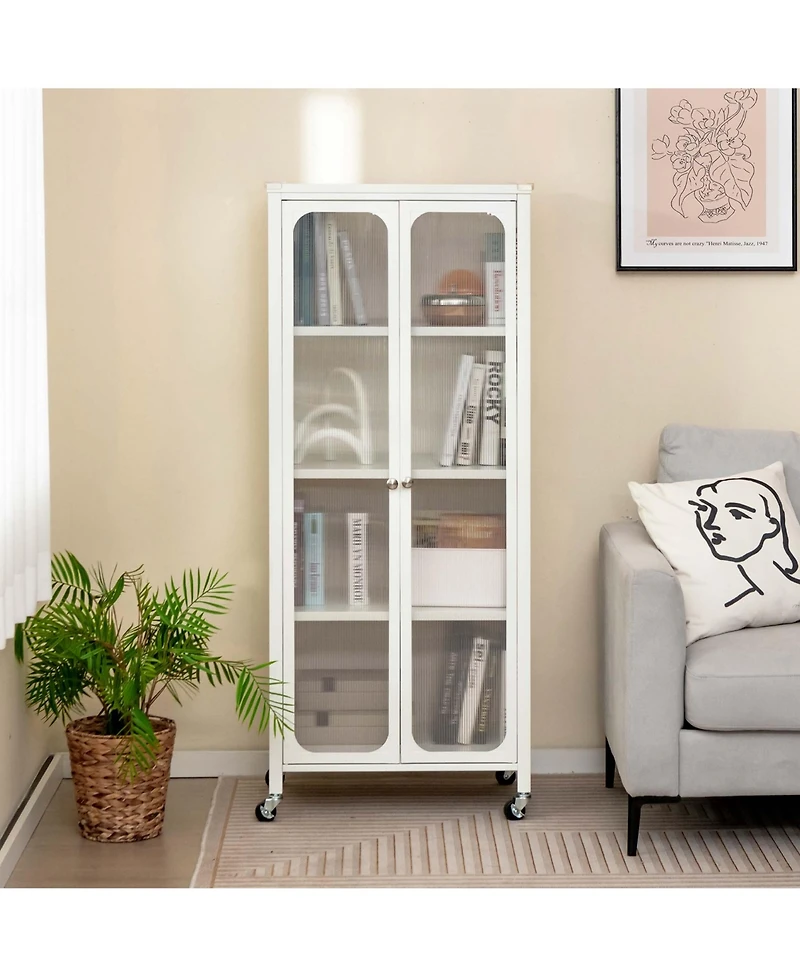 Storage Cabinet with Wheels & 2 Translucent Doors Adjustable Shelves Sideboard