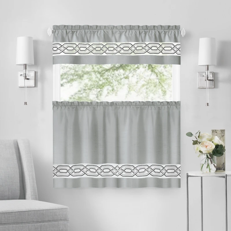 Kate Aurora Pacifico Complete 3 Piece Rod Pocket Embroidered Tier & Valance Kitchen Curtain Set