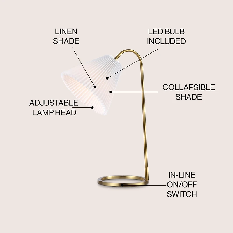 Jonathan Y Callie 22" Modern Glam Metal Arc Adjustable Head Led Table Lamp with Pleated Shade, Brass Gold/White
