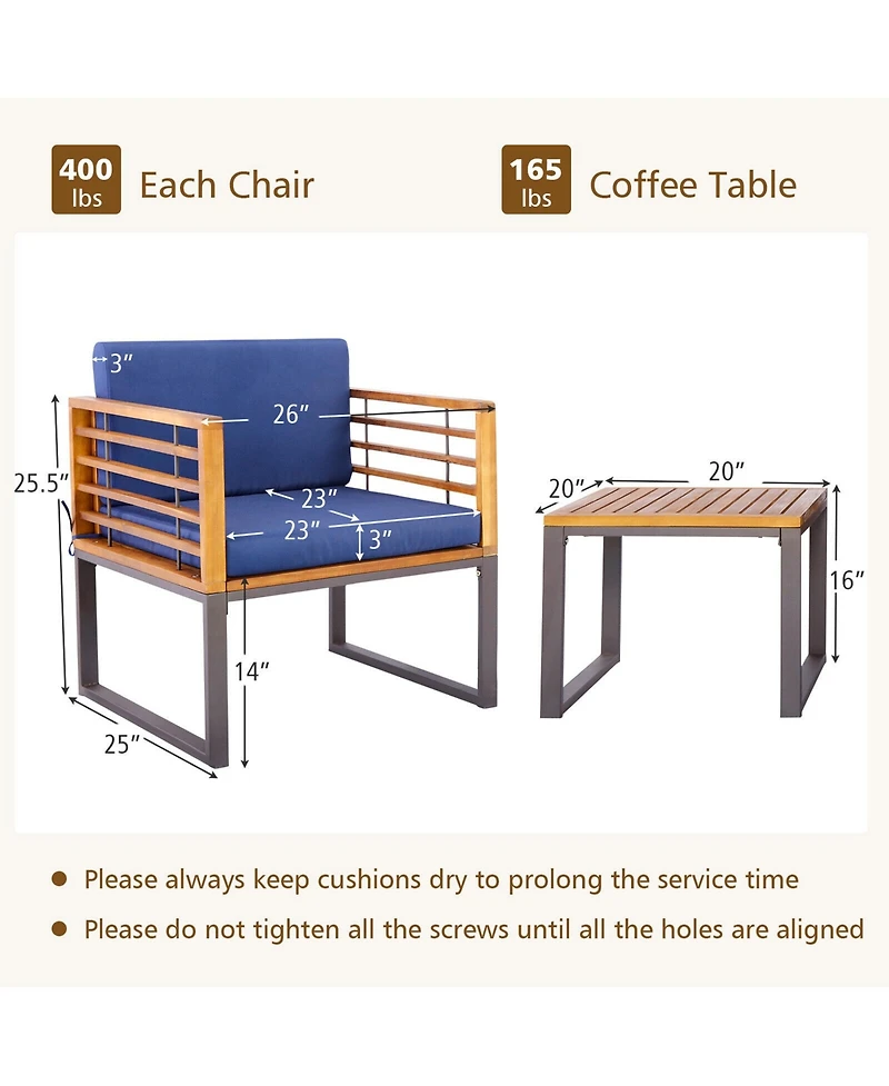Gymax 3PCS Acacia Wood Patio Bistro Set Outdoor Conversation Furniture Set w/ Navy Cushions