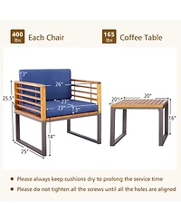 Gymax 3PCS Acacia Wood Patio Bistro Set Outdoor Conversation Furniture Set w/ Navy Cushions