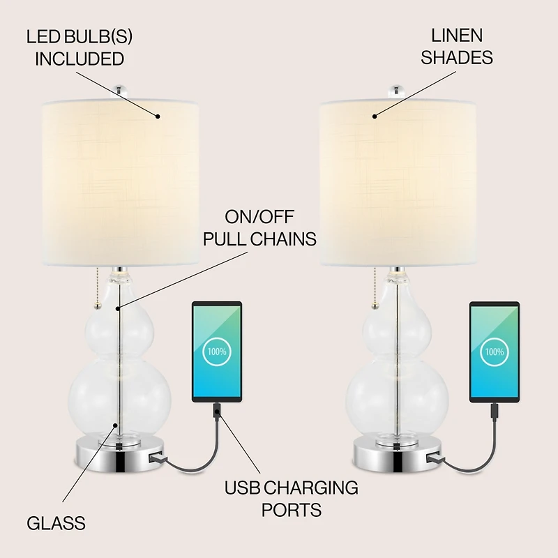 Jonathan Y Cora Classic Retro Glass Led Table Lamp with Usb Charging Port (Set of 2)