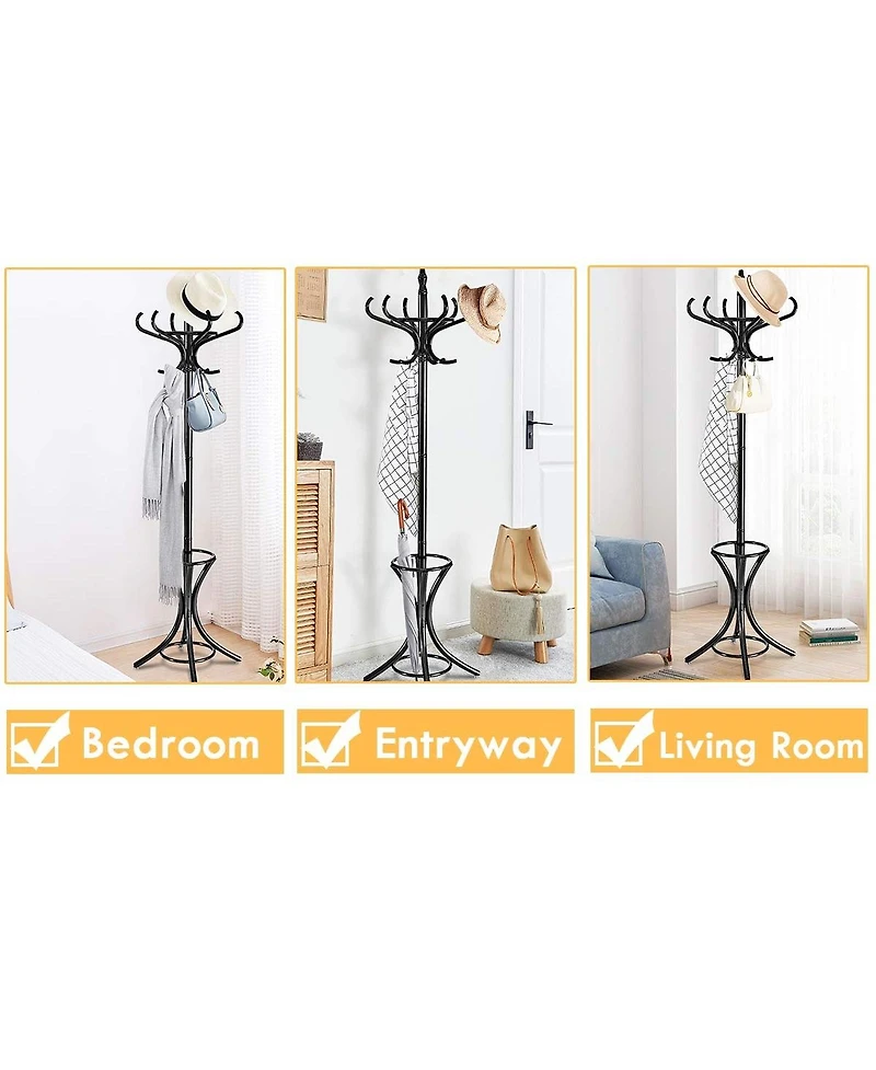 Wood Standing Hat Coat Rack with Umbrella Stand