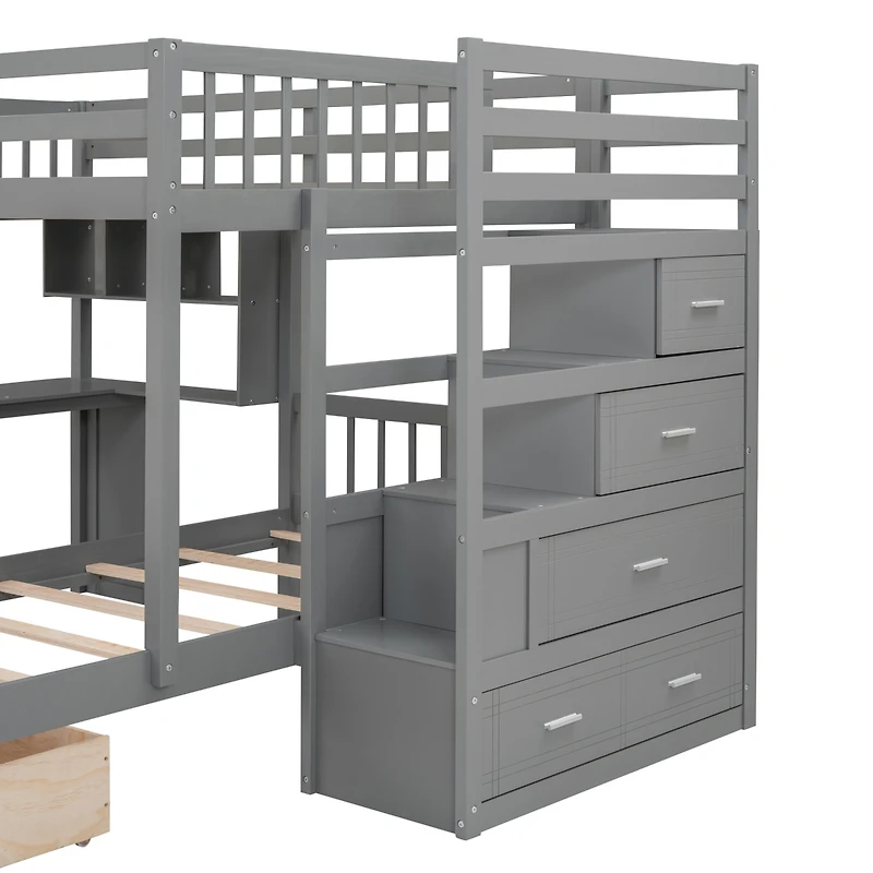 Simplie Fun Full Over Twin Bunk Bed With Desk, Drawers And Shelves, White