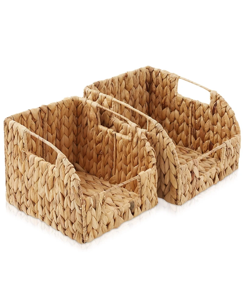 Casafield (Set of 2) Water Hyacinth Pantry Baskets with Handles - Natural, Medium and Large Size Woven Storage Baskets for Kitchen Shelves - Natural