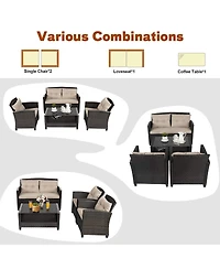 4 Pieces Patio Rattan Conversation Furniture Set with Glass Top Coffee Table