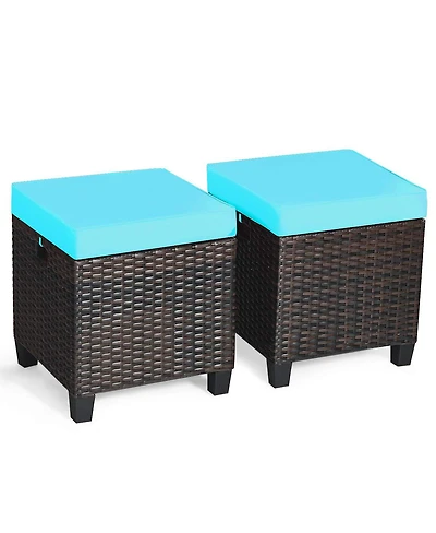 2 Pieces Patio Rattan Ottoman Seat with Removable Cushions
