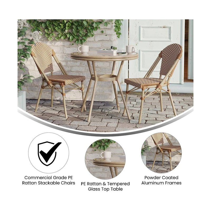 Merrick Lane Celia Bistro Style Table With Glass Top, Pe Rattan, Stack Chairs
