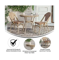 Merrick Lane Celia Bistro Style Table With Glass Top, Pe Rattan, Stack Chairs
