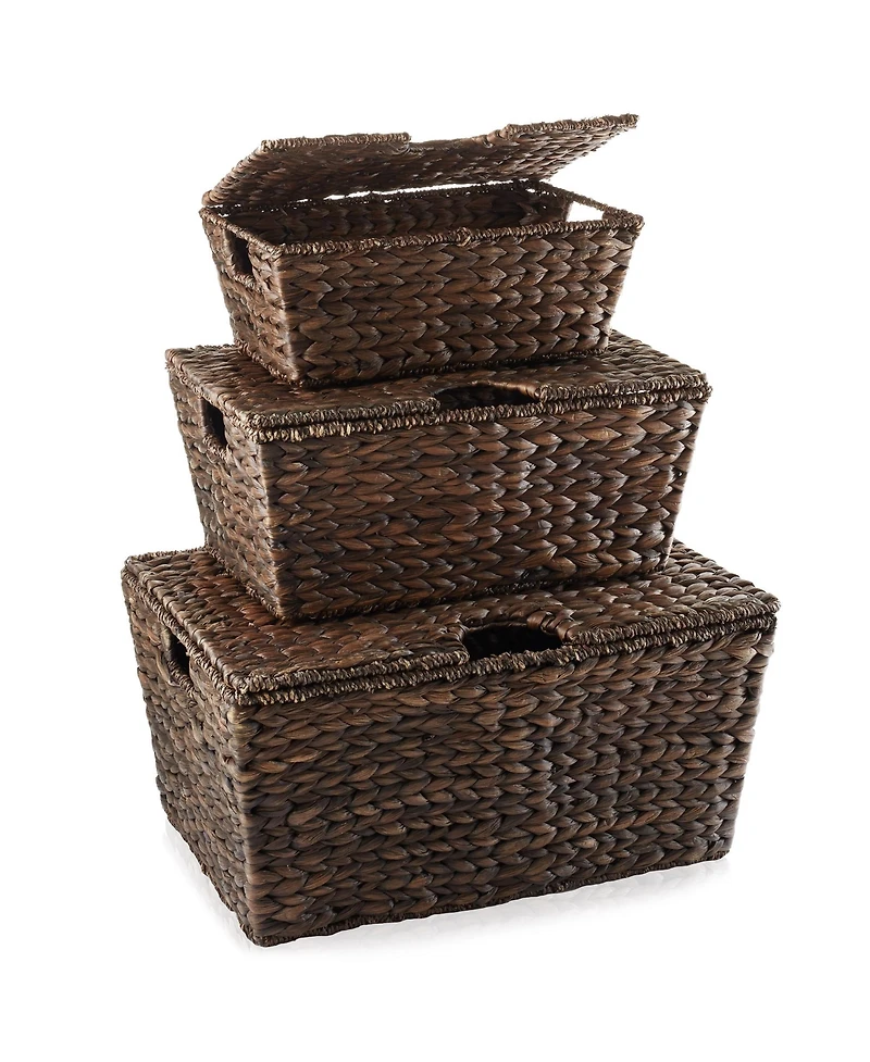 Casafield Set of 3 Water Hyacinth Storage Baskets (Small/Medium/Large), Multipurpose Organizer Totes with Tapered Bottoms and Removable Lids