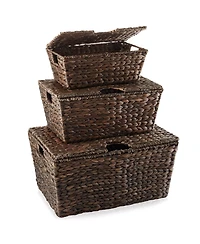 Casafield Set of 3 Water Hyacinth Storage Baskets (Small/Medium/Large), Multipurpose Organizer Totes with Tapered Bottoms and Removable Lids