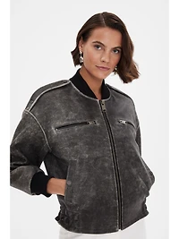 Furniq Uk Women's Leather Bomber Jacket, Black