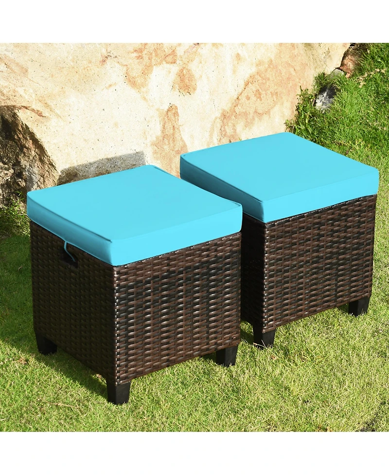Gymax Set of 2 Patio Rattan Ottoman Footrest Garden Outdoor w/ Turquoise Cushion