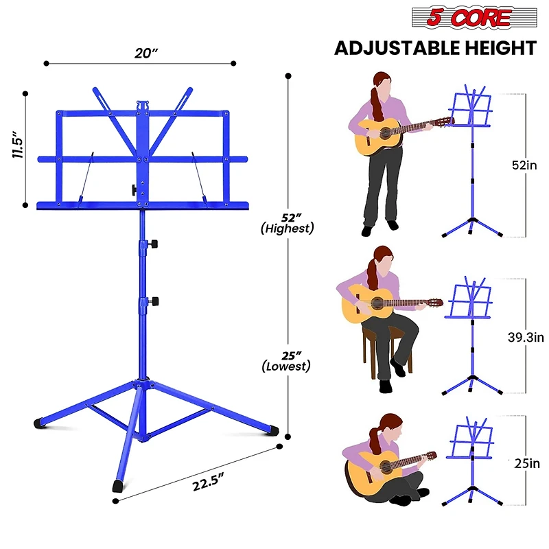 5 Core Music Stand Adjustable Desktop Book Stands Portable Sheet Holder All Metal Foldable Bookstand - Mus Fld Blu