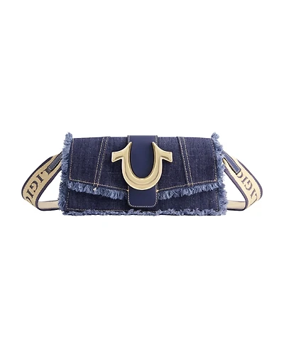 True Religion Frayed Denim Flap Bag with Logo Strap