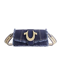 True Religion Frayed Denim Flap Bag with Logo Strap