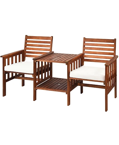 Gymax Acacia Wood Loveseat Patio Outdoor Conversation Set w/ Table Cushion