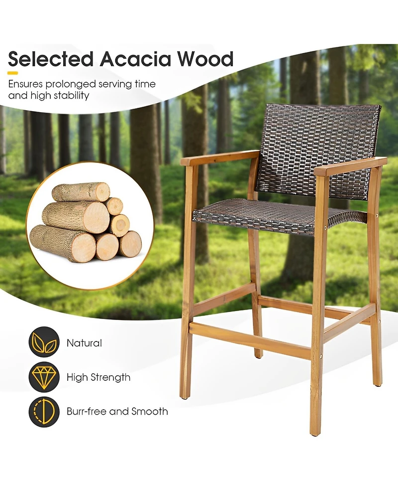 Sugift Set of 2 Pe Wicker Patio Bar Chairs with Acacia Wood Armrests