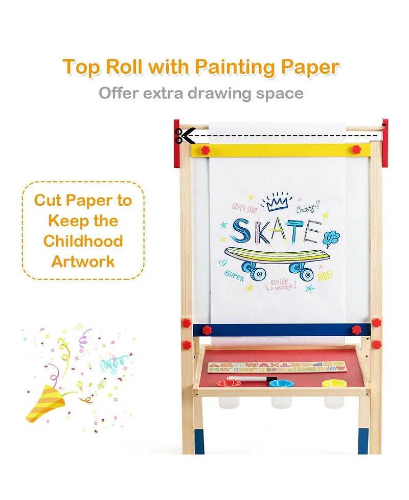 Sugift All-in-One Wooden Height Adjustable Kid's Art Easel with Magnetic Stickers and Paper