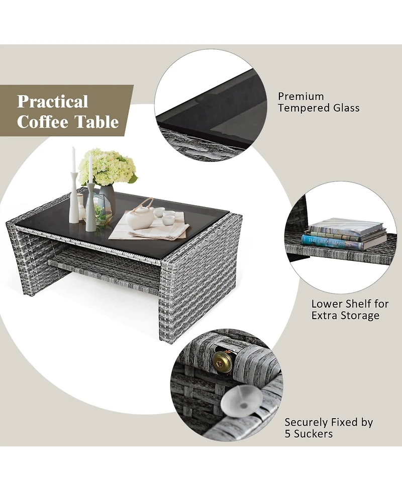 Sugift 4 Pieces Patio Rattan Furniture Set Sofa Table with Storage Shelf Cushion