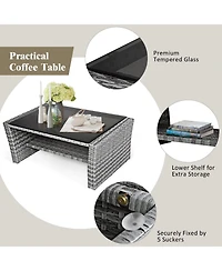 Sugift 4 Pieces Patio Rattan Furniture Set Sofa Table with Storage Shelf Cushion