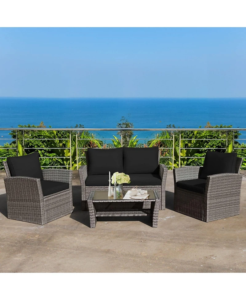 Sugift 4 Pieces Patio Rattan Furniture Set Sofa Table with Storage Shelf Cushion