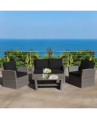 Sugift 4 Pieces Patio Rattan Furniture Set Sofa Table with Storage Shelf Cushion