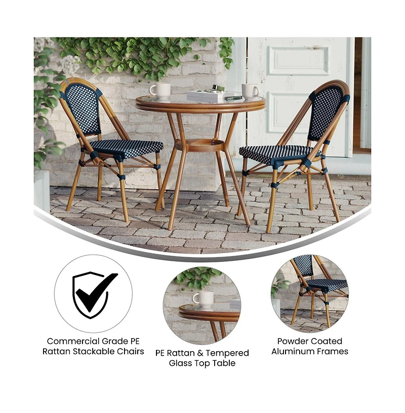 Merrick Lane Sacha Bistro Style Table With Glass Top, Pe Rattan, Stack Chairs