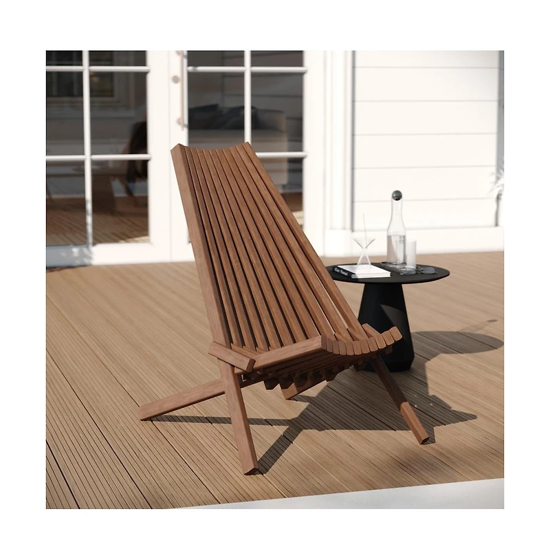 Merrick Lane Dubois Indoor/Outdoor Solid Acacia Wood Low Profile Lounge Folding Chair For Use With Backyard, Patio, Sunroom, Porch, Garden