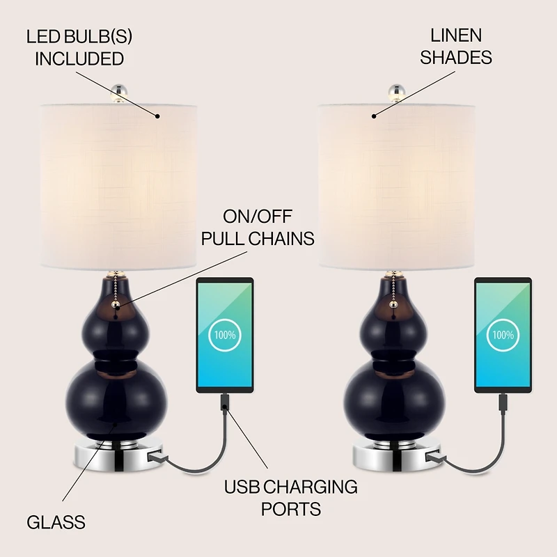 Jonathan Y Cora Classic Retro Glass Led Table Lamp with Usb Charging Port (Set of 2)