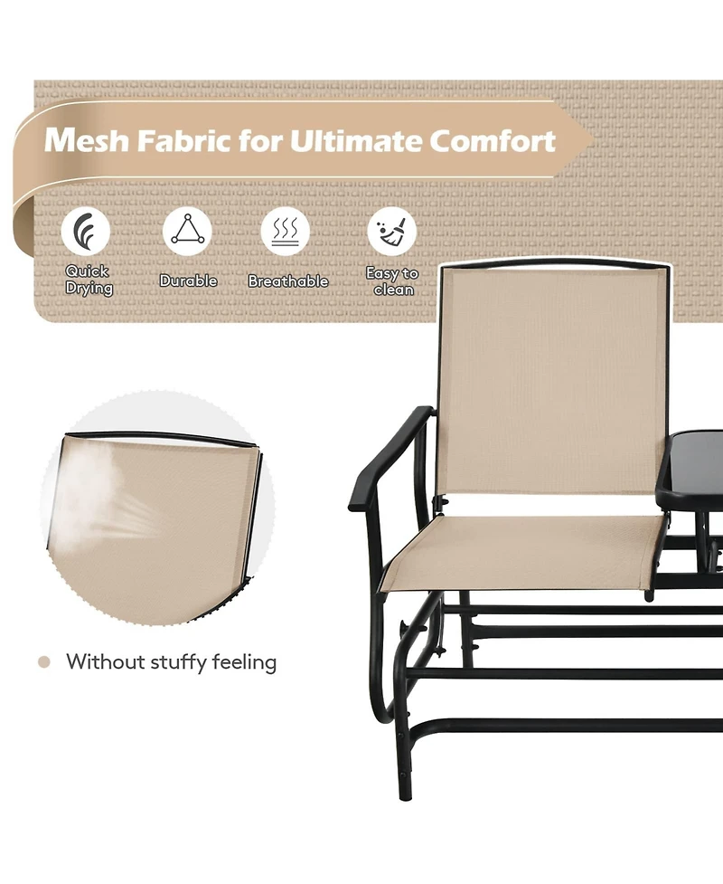 Sugift 2-Person Double Rocking Loveseat with Mesh Fabric and Center Tempered Glass Table