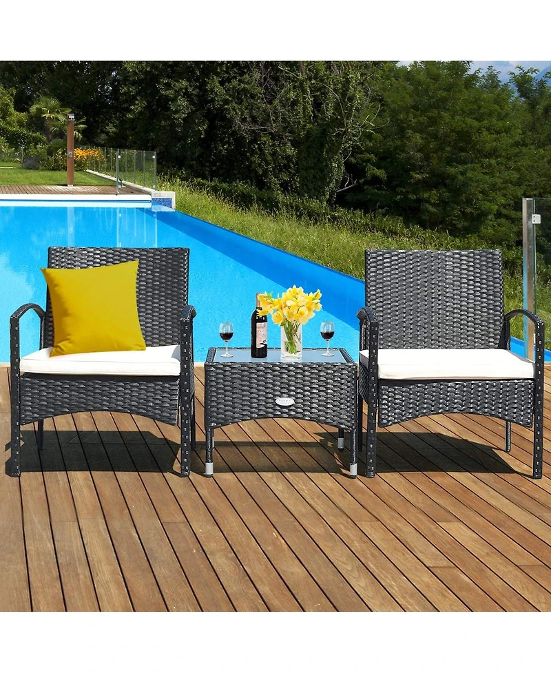 Sugift 3 Pieces Patio Wicker Rattan Furniture Set with Cushion for Lawn Backyard