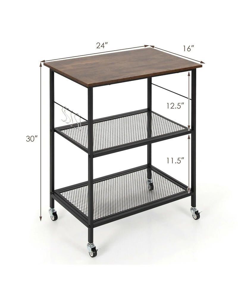 Sugift 3-Tier Kitchen Serving Cart Utility Standing Microwave Rack with Hooks