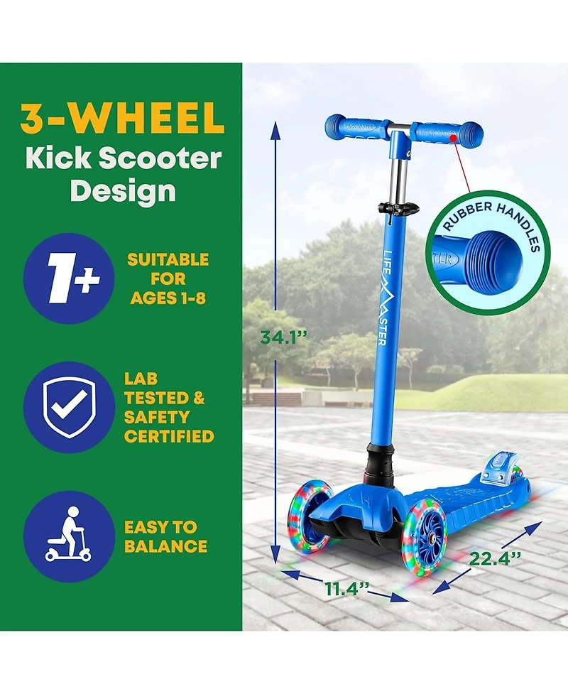 Lifemaster Kids Scooter – Children and Toddler 3 Wheel Kick Led Lights Illuminate when Rolling– Adjustable Handle