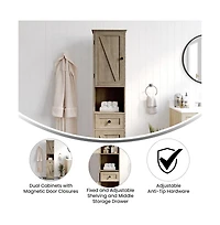 Merrick Lane Delilah Slim Linen Tower Organizer With Storage Drawer, Upper And Lower Cabinets Magnetic Closure Doors Open Shelf