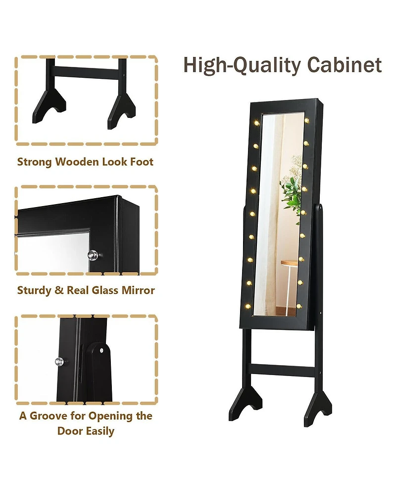 Sugift Mirrored Standing Jewelry Armoire Cabinet with Led Lights