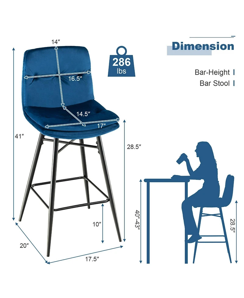 Sugift 2 Pieces 29 Inch Velvet Bar Stools Set with Tufted Back and Footrests