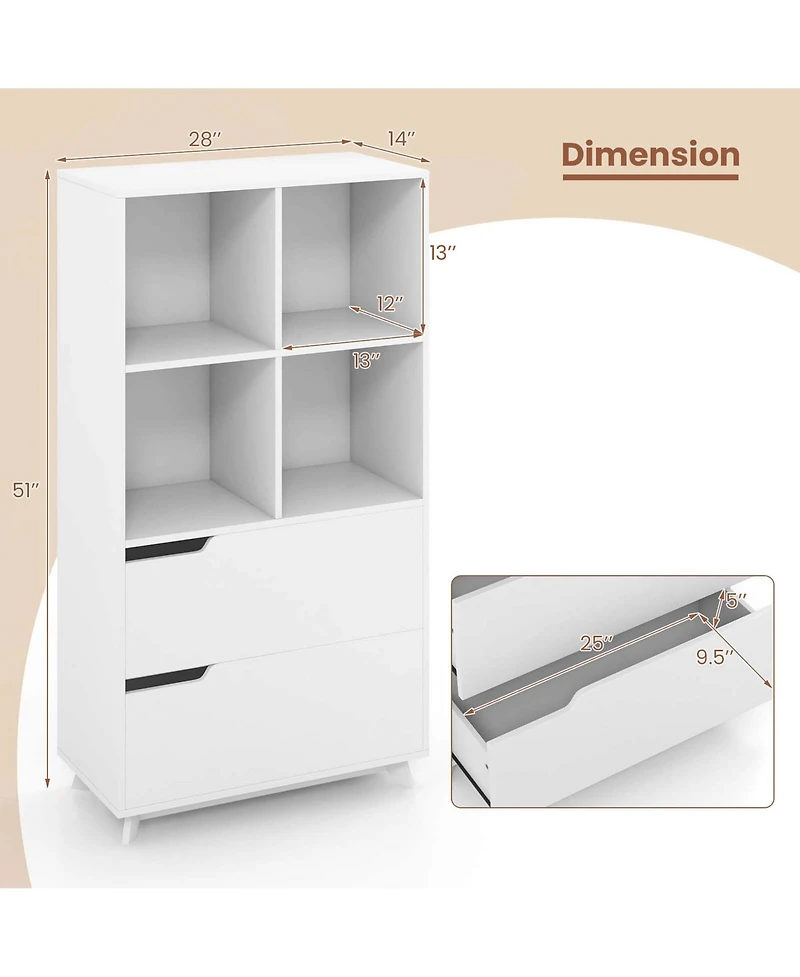 Bookcase with 2 Drawers 4-Tier Open Bookshelf with 4 Storage Cubes for Home Office