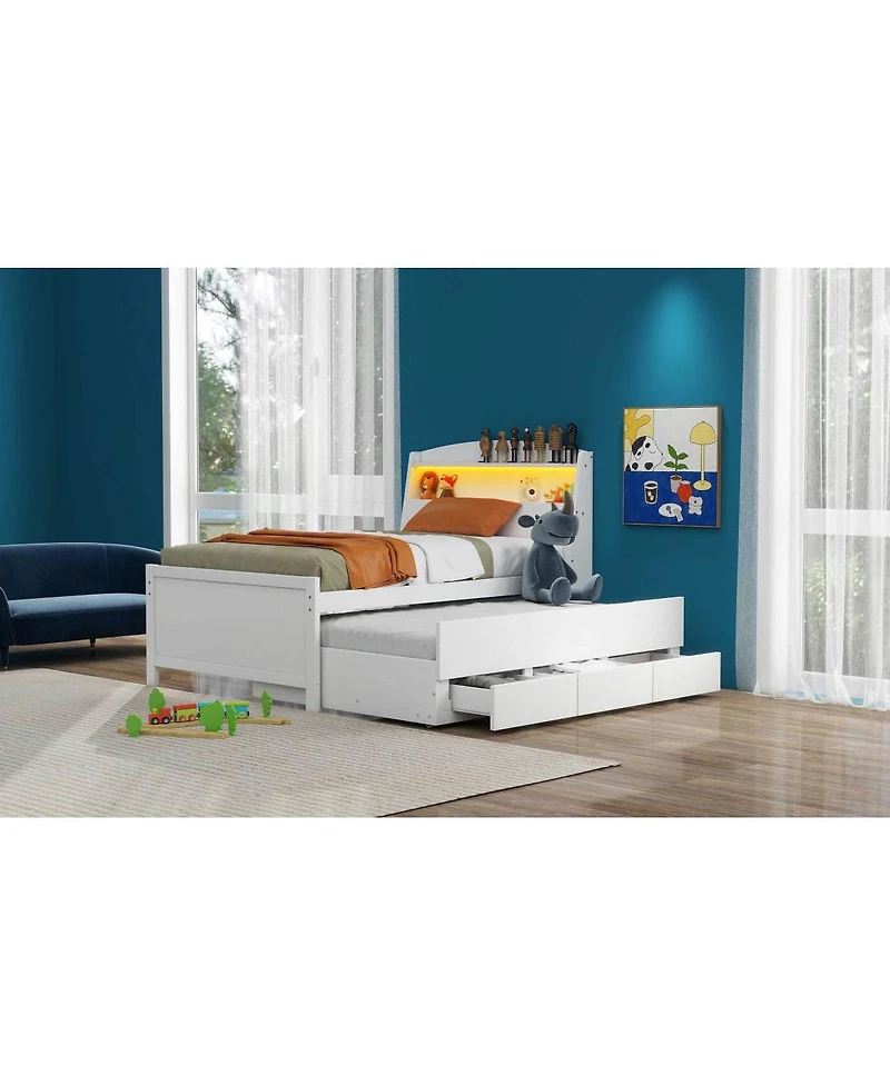 Simplie Fun Twin Size Platform Bed With Storage Led Headboard, Twin Size Trundle And 3 Drawers