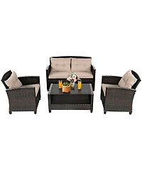 Gymax 4pcs Patio Rattan Conversation Set Cushioned Outdoor Furniture Set