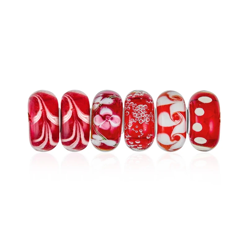 Bling Jewelry Mixed Set Of Bundle .925 Sterling Silver Core Translucent Shades Red White Stripe Green Pink Floral Murano Glass Swirl Charm Bead Spa