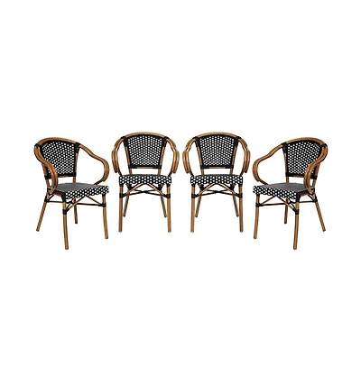 Merrick Lane Sacha Set Of Four Stacking Thonet Bistro Style Chair With Arms, Pe Rattan Seat, And Bamboo Metal Frame For Indoor/Outdoor Use