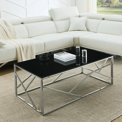 Simplie Fun Rectangular Black Glass Coffee Table with Stainless Steel Frame