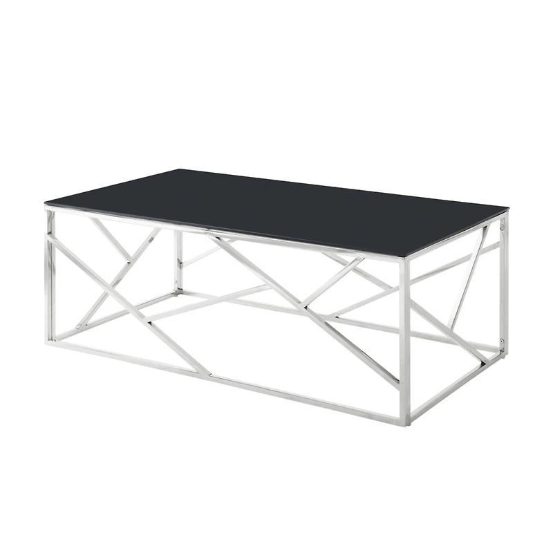 Simplie Fun Rectangular Black Glass Coffee Table with Stainless Steel Frame