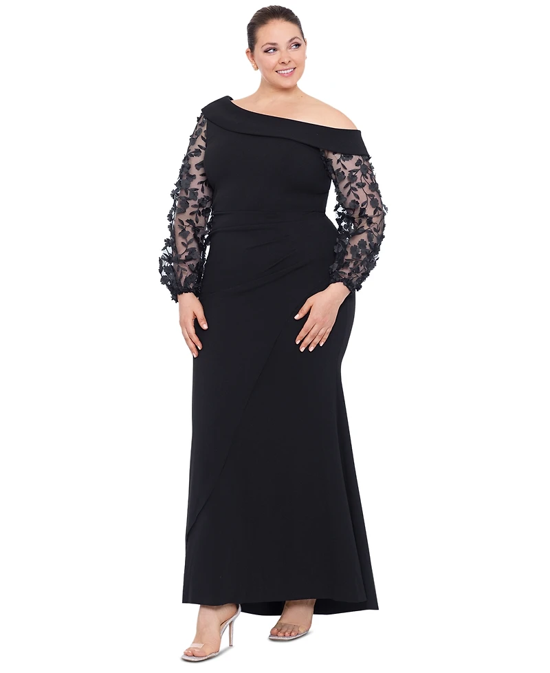 Xscape Plus Off-The-Shoulder Floral-Sleeve Gown
