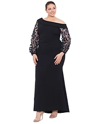 Xscape Plus Off-The-Shoulder Floral-Sleeve Gown